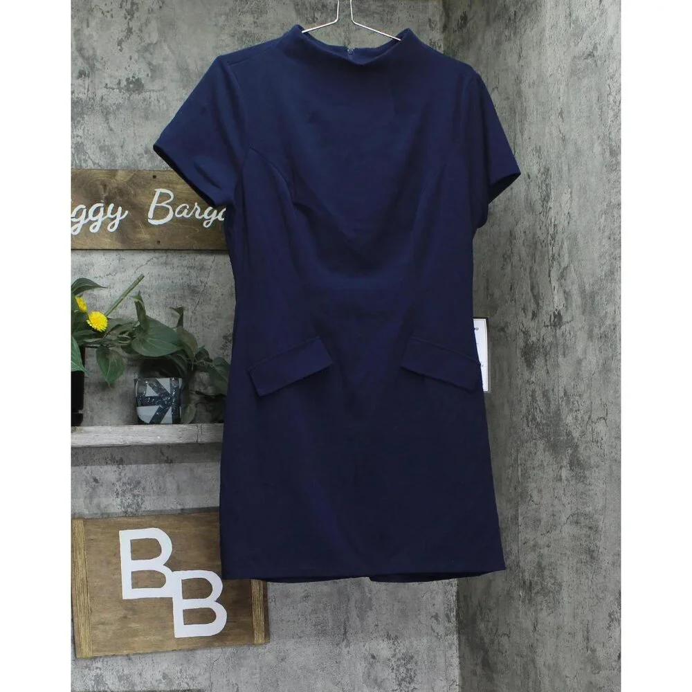 NWT B. Darlin Sleeve Mockneck Fit Flare Faux Pocket Mini Dress Navy Blue 13/14